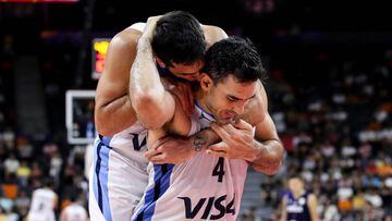 DONGGUAN, CHINA - SEPTEMBER 10: #4 Luis Scola of Argentina celebrates a point with teammate Facundo Campazzo during the quarter final of 2019 FIBA World Cup between Argentina and Serbia at Dongguan Basketball Center on September 10, 2019 in Dongguan, China. (Photo by Zhizhao Wu/Getty Images)