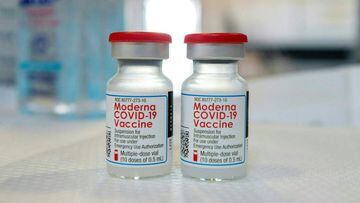 Moderna vials sit on a table before they are loaded into syringes at a mobile Covid-19 vaccination clinic in Bridgeport, Connecticut.