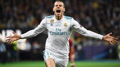 (FILES) In this file photo taken on May 26, 2018 Real Madrid's Welsh forward Gareth Bale celebrates after scoring his team's second goal  during the UEFA Champions League final football match between Liverpool and Real Madrid at the Olympic Stadium in Kiev. - Gareth Bale announced his retirement from club and international football on January 9, 2023, bringing to an end one of the most decorated careers in British football history. (Photo by FRANCK FIFE / AFP)