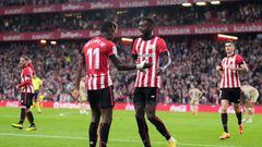 BILBAO, SPAIN - SEPTEMBER 30: Inaki Williams of Athletic Club celebrates scoring their side's first goal with teammate Nico Williams during the LaLiga Santander match between Athletic Club and UD Almeria at San Mames Stadium on September 30, 2022 in Bilbao, Spain. (Photo by Juan Manuel Serrano Arce/Getty Images)