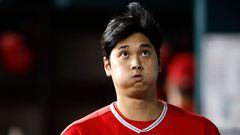 ARLINGTON, TX - AUGUST 14: Shohei Ohtani #17 of the Los Angeles Angels reacts after striking out against the Texas Rangers during the fourth inning at Globe Life Field on August 14, 2023 in Arlington, Texas.   Ron Jenkins/Getty Images/AFP (Photo by Ron Jenkins / GETTY IMAGES NORTH AMERICA / Getty Images via AFP)