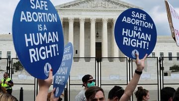 Abortion rights demonstrators protest outside the United States Supreme Court as the court rules in the Dobbs v Women's Health Organization abortion case, overturning the landmark Roe v Wade abortion decision in Washington, U.S., June 24, 2022.