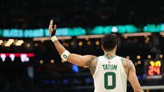 BOSTON, MASSACHUSETTS - MAY 19: Jayson Tatum #0 of the Boston Celtics reactsagainst the Miami Heat during the third quarter in game two of the Eastern Conference Finals at TD Garden on May 19, 2023 in Boston, Massachusetts. NOTE TO USER: User expressly acknowledges and agrees that, by downloading and or using this photograph, User is consenting to the terms and conditions of the Getty Images License Agreement.   Adam Glanzman/Getty Images/AFP (Photo by Adam Glanzman / GETTY IMAGES NORTH AMERICA / Getty Images via AFP)