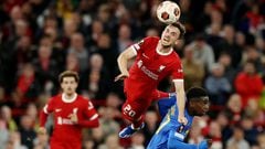 Soccer Football - Europa League - Group E - Liverpool v Union Saint-Gilloise - Anfield, Liverpool, Britain - October 5, 2023 Liverpool's Diogo Jota in action with Union Saint-Gilloise's Noah Sadiki REUTERS/Phil Noble
