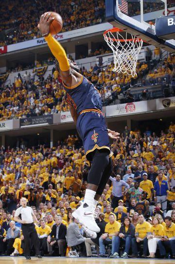 LeBron James of the Cleveland Cavaliers goes in for a dunk in the fourth quarter of Game Five of the Eastern Conference First Round