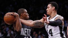 San Antonio Spurs guard Danny Green (14) knocks the ball away from Brooklyn Nets guard Isaiah Whitehead (15) during the first half of an NBA basketball game, Monday, Jan. 23, 2017, in New York. (AP Photo/Adam Hunger)