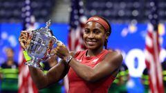 NEW YORK, NEW YORK - SEPTEMBER 09: Coco Gauff of the United States celebrates after defeating Aryna Sabalenka of Belarus in their Women's Singles Final match on Day Thirteen of the 2023 US Open at the USTA Billie Jean King National Tennis Center on September 09, 2023 in the Flushing neighborhood of the Queens borough of New York City.   Elsa/Getty Images/AFP (Photo by ELSA / GETTY IMAGES NORTH AMERICA / Getty Images via AFP)