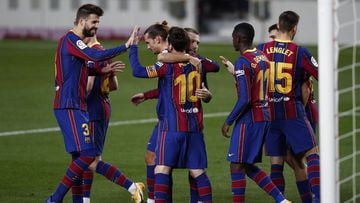 BARCELONA, SPAIN - NOVEMBER 07: Lionel Messi of FC Barcelona celebrates with teammates after scoring his team&#039;s third goal during the La Liga Santader match between FC Barcelona and Real Betis at Camp Nou on November 07, 2020 in Barcelona, Spain. Spo