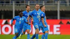 Italy's Giacomo Raspadori (right) celebrates scoring their side's first goal of the game during the UEFA Nations League match at San Siro Stadium in Milan, Italy. Picture date: Friday September 23, 2022. (Photo by Nick Potts/PA Images via Getty Images)
