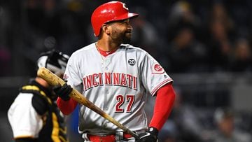 PITTSBURGH, PA - APRIL 05:  Matt Kemp #27 of the Cincinnati Reds reacts after striking out during the seventh inning against the Pittsburgh Pirates at PNC Park on April 5, 2019 in Pittsburgh, Pennsylvania. (Photo by Joe Sargent/Getty Images)