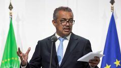 Director General of the World Health Organization Tedros Adhanom Ghebreyesus delivers a statement at the manufacturing site of German company BioNTech in Marburg, western Germany, on February 16, 2022, amid the novel coronavirus / COVID-19 pandemic. - Afr