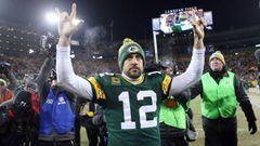 Jan 8, 2017; Green Bay, WI, USA;  Green Bay Packers quarterback Aaron Rodgers (12) celebrates as he leaves the field after defeating the New York Giants in the NFC Wild Card playoff football game at Lambeau Field. Mandatory Credit: Jerry Lai-USA TODAY Sports