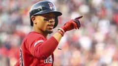 BOSTON, MA - JULY 26: Mookie Betts #50 of the Boston Red Sox reacts as he crosses home plate after hitting a solo home run in the first inning of a game against the New York Yankees at Fenway Park on July 26, 2019 in Boston, Massachusetts.   Adam Glanzman