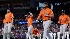 ARLINGTON, TEXAS - OCTOBER 18: Justin Verlander #35, Kyle Tucker #30, Jose Abreu #79 and Michael Brantley #23 of the Houston Astros walk on the field prior to Game Three of the American League Championship Series against the Texas Rangers at Globe Life Field on October 18, 2023 in Arlington, Texas.   Carmen Mandato/Getty Images/AFP (Photo by Carmen Mandato / GETTY IMAGES NORTH AMERICA / Getty Images via AFP)
