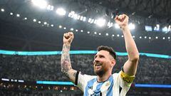 LUSAIL CITY, QATAR - DECEMBER 13: Lionel Messi of Argentina celebrates after the 3-0 win during the FIFA World Cup Qatar 2022 semi final match between Argentina and Croatia at Lusail Stadium on December 13, 2022 in Lusail City, Qatar. (Photo by Shaun Botterill - FIFA/FIFA via Getty Images)