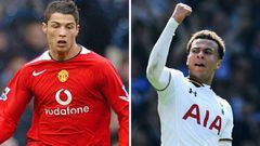Cristiano Ronaldo, con 21 a&ntilde;os, y Dele Alli, en el &uacute;ltimo partido del Tottenham celebrando un gol al Watford.