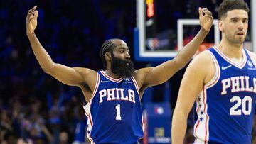 Mar 4, 2022; Philadelphia, Pennsylvania, USA; Philadelphia 76ers guard James Harden (1) celebrates after a score against the Cleveland Cavaliers during the fourth quarter at Wells Fargo Center. Mandatory Credit: Bill Streicher-USA TODAY Sports