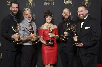 Cale Thomas, from left, Pepa Mora, Samantha Ward, Alexei Dmitriew and Carlton Coleman, winners of the award for outstanding prosthetic makeup for the "Chapter 13: The Jedi" episode of "The Mandalorian" pose for a portrait during night one of the Televisio