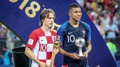 Luka Modric (best player of the Mondial) and Kylian Mbapp&eacute; (best young player of the Mondial) after the final game of the FIFA World Cup Russia2018. July 15th, 2018.