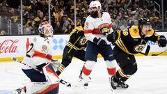 Boston Bruins left wing Tyler Bertuzzi (59) reacts after scoring a goal past Florida Panthers goaltender Sergei Bobrovsky (72)