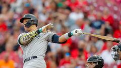 May 19, 2023; Cincinnati, Ohio, USA; New York Yankees right fielder Aaron Judge (99) breaks his bat on a pitch by the Cincinnati Reds in the first inning at Great American Ball Park. Mandatory Credit: Katie Stratman-USA TODAY Sports