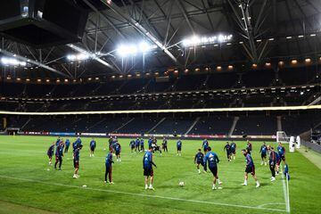 Spain train at the Friends Arena in Solna, Sweden.
