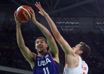 Klay Thompson (left) grabbed 22 points for the US.