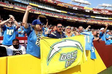 LANDOVER, MARYLAND - SEPTEMBER 12: Los Angeles Chargers fans cheer after the Chargers defeated the Washington Football Team at FedExField on September 12, 2021 in Landover, Maryland. Rob Carr/Getty Images/AFP