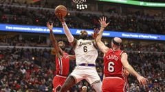 Dec 19, 2021; Chicago, Illinois, USA; Los Angeles Lakers forward LeBron James (6) goes to the basket against the Chicago Bulls during the second half at United Center. Mandatory Credit: Kamil Krzaczynski-USA TODAY Sports