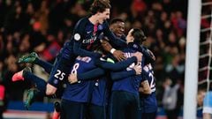 PSG&#039; s players celebrate a goal against Angers. 