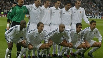El once inicial del Real Madrid para la final (arriba, y de izquierda a derecha): César, Fernando Hierro, Iván Helguera, Solari, Figo y Zidane. Abajo, y en el mismo orden: Makelele, Salgado, Roberto Carlos, Raúl y Morientes.