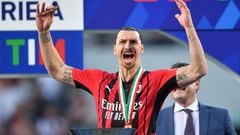 AC Milan's Zlatan Ibrahimovic celebrates ahead of the trophy lift after winning the Serie A title.