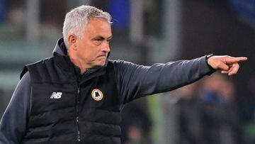 AS Roma coach Jose Mourinho during the Conference League semi-final victory over Leicester City.