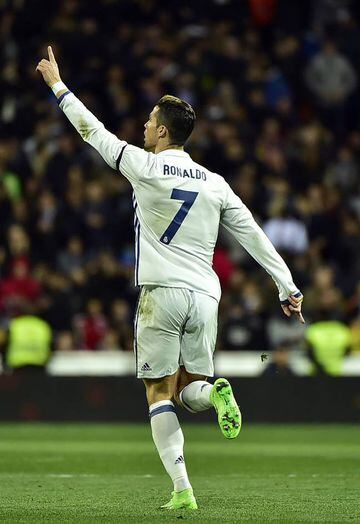 Cristiano Ronaldo celebrates after scoring against Real Betis at the Santiago Bernabeu.