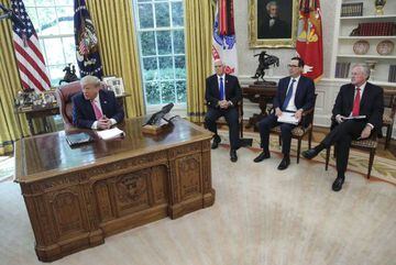 US President Donald J. Trump speaks to the media during a meeting with Senate Majority Leader Mitch McConnell and House Minority Leader Kevin McCarthy in the Oval Office at the White House, in Washington, DC, USA, 20 July 2020.