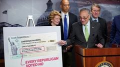 Schumer holds a press conference on the Child Tax Credit payments at the U.S. Capitol in Washington.
