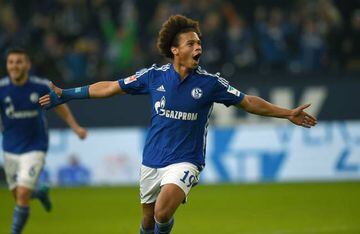 Schalke's midfielder Leroy Sane celebrates scoring during the Bundesliga match FC Schalke 04 v Eintracht Frankfurt.