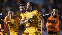 MONTERREY, MEXICO - NOVEMBER 28: Carlos Salcedo #3 of Tigres celebrates with teammates after scoring his team&rsquo;s first goal during the quarterfinals second leg match between Tigres UANL and Santos Laguna as part of the Torneo Grita Mexico A21 Liga MX