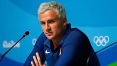 Ryan Lochte of the United States attends a press conference in the Main Press Center on Day 7 of the Rio Olympics 
