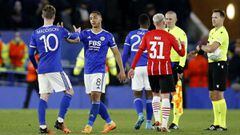 Soccer Football - Europa League - Quarter Final - First Leg - Leicester City v PSV Eindhoven - King Power Stadium, Leicester, Britain - April 7, 2022  Leicester City&#039;s James Maddison and Youri Tielemans after the match REUTERS/Craig Brough