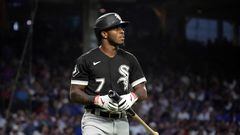 CHICAGO, ILLINOIS - AUGUST 16: Tim Anderson #7 of the Chicago White Sox reacts after striking out during the fourth inning of a game against the Chicago Cubs at Wrigley Field on August 16, 2023 in Chicago, Illinois.   Nuccio DiNuzzo/Getty Images/AFP (Photo by NUCCIO DINUZZO / GETTY IMAGES NORTH AMERICA / Getty Images via AFP)