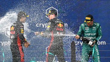 (L-R) Red Bull Racing's Mexican driver Sergio Perez, Red Bull Racing's Dutch driver Max Verstappen and Aston Martin's Spanish driver Fernando Alonso celebrate on the podium after the 2023 Miami Formula One Grand Prix at the Miami International Autodrome in Miami Gardens, Florida, on May 7, 2023. - Verstappen powered from ninth on the grid to beat Red Bull teammate Perez and win the Miami Grand Prix on Sunday. Alonso took third for his fourth podium in five races this season. (Photo by ANGELA WEISS / AFP)