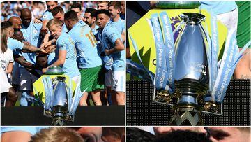 Oleksandr Zinchenko, del Manchester City, tir&oacute; al suelo el trofeo de la Premier League.