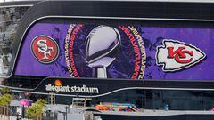 LAS VEGAS, NEVADA - FEBRUARY 01: An exterior view shows an image of the Lombardi Trophy, team logos and signage for Super Bowl LVIII at Allegiant Stadium on February 01, 2024 in Las Vegas, Nevada. The game will be played on February 11, 2024, between the Kansas City Chiefs and the San Francisco 49ers.   Ethan Miller/Getty Images/AFP (Photo by Ethan Miller / GETTY IMAGES NORTH AMERICA / Getty Images via AFP)