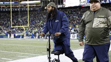 SEATTLE, WA - NOVEMBER 20: Cornerback Richard Sherman #25 of the Seattle Seahawks wheels along the sidelines, out with an Achilles injury, during the game agains the Atlanta Falcons at CenturyLink Field on November 20, 2017 in Seattle, Washington.   Otto Greule Jr/Getty Images/AFP == FOR NEWSPAPERS, INTERNET, TELCOS &amp; TELEVISION USE ONLY ==