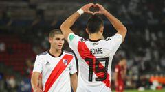 ABU DHABI, UNITED ARAB EMIRATES - DECEMBER 22: Santos Borre of River Plate celebrates scoring a goal to make it 0-3 during the FIFA Club World Cup UAE third place match between Kashima Antlers and River Plate at Sheikh Zayed Stadium on December 22, 2018 i