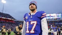 ORCHARD PARK, NEW YORK - DECEMBER 31: Josh Allen #17 of the Buffalo Bills looks on after a game against the New England Patriots at Highmark Stadium on December 31, 2023 in Orchard Park, New York.   Timothy T Ludwig/Getty Images/AFP (Photo by Timothy T Ludwig / GETTY IMAGES NORTH AMERICA / Getty Images via AFP)