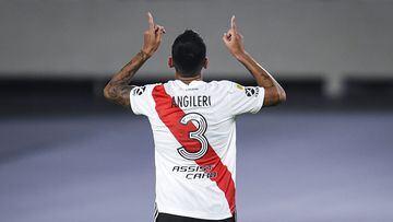 BUENOS AIRES, ARGENTINA - APRIL 11: Fabrizio Angileri of River Plate celebrates after scoring the second goal of his team during a match between River Plate and Colon as part of Copa de la Liga Profesional 2021 at Estadio Monumental Antonio Vespucio Liberti on April 11, 2021 in Buenos Aires, Argentina. (Photo by Marcelo Endelli/Getty Images)