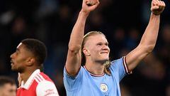 Manchester City's Norwegian striker Erling Haaland celebrates scoring the team's fourth goal during the English Premier League football match between Manchester City and Arsenal at the Etihad Stadium in Manchester, north west England, on April 26, 2023. (Photo by Oli SCARFF / AFP) / RESTRICTED TO EDITORIAL USE. No use with unauthorized audio, video, data, fixture lists, club/league logos or 'live' services. Online in-match use limited to 120 images. An additional 40 images may be used in extra time. No video emulation. Social media in-match use limited to 120 images. An additional 40 images may be used in extra time. No use in betting publications, games or single club/league/player publications. / 