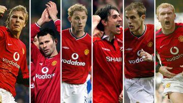 Beckham, Giggs, Butt, Gary Neville, Phil Neville y Paul Scholes durante su etapa como jugadores del Manchester United. 